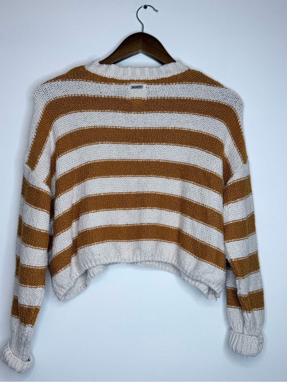 Billabong Cropped Striped Crewneck Sweater in Cream and Tan